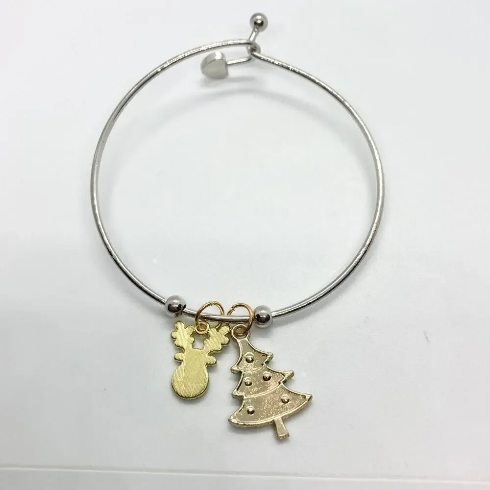 Rudolph the Red-Nosed Reindeer and Christmas Tree Bangle Charm Bracelet
